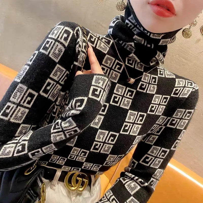 Women's Turtleneck Vintage Jacquard Slim Sweaters Chic Casual Soft Knitted Pullovers