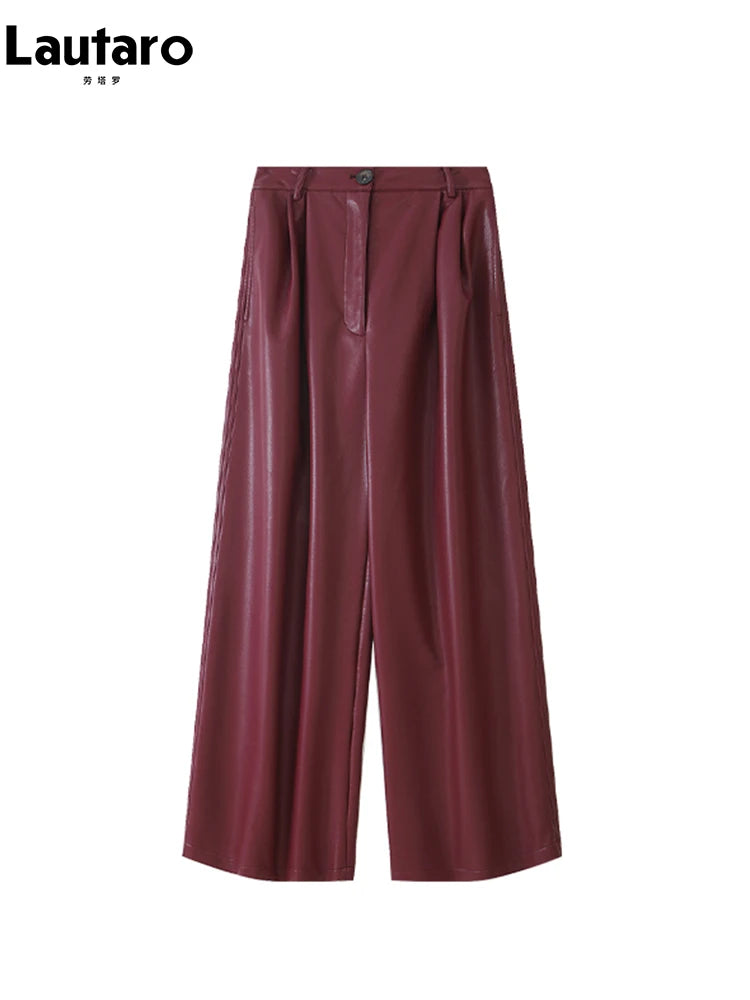 Women's Loose Casual Soft Black Burgundy Pu Leather Wide Leg Pants