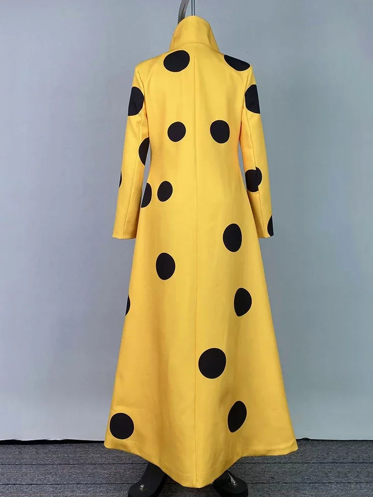 Women's Polka-Dot Woolen Coat Long Jacket Split-Joint Long Sleeves Lapel Elegant Yellow