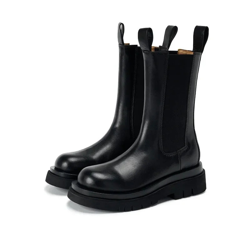 Women's Classics Chelsea Boots Black Ankle Boots Genuine Leather Platform Short Boots Slip on Elastic Band