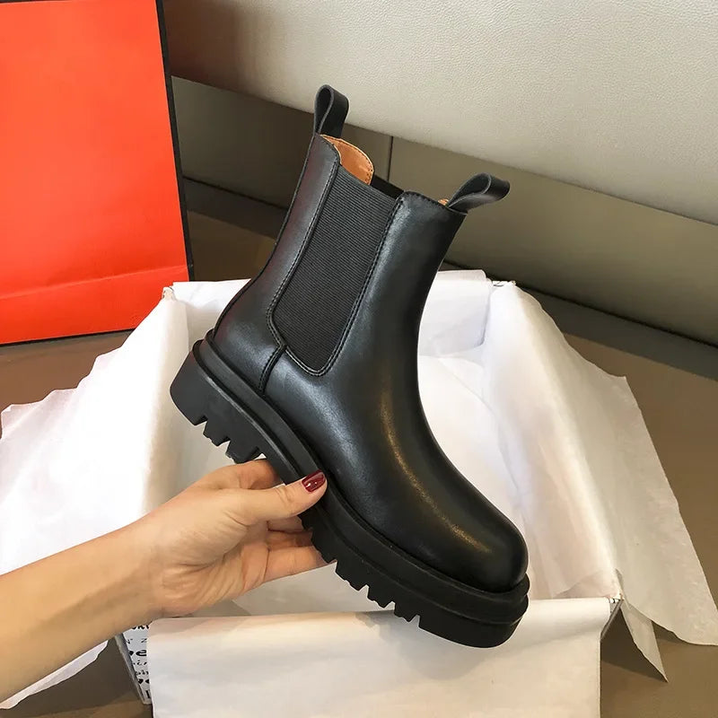 Women's Classics Chelsea Boots Black Ankle Boots Genuine Leather Platform Short Boots Slip on Elastic Band