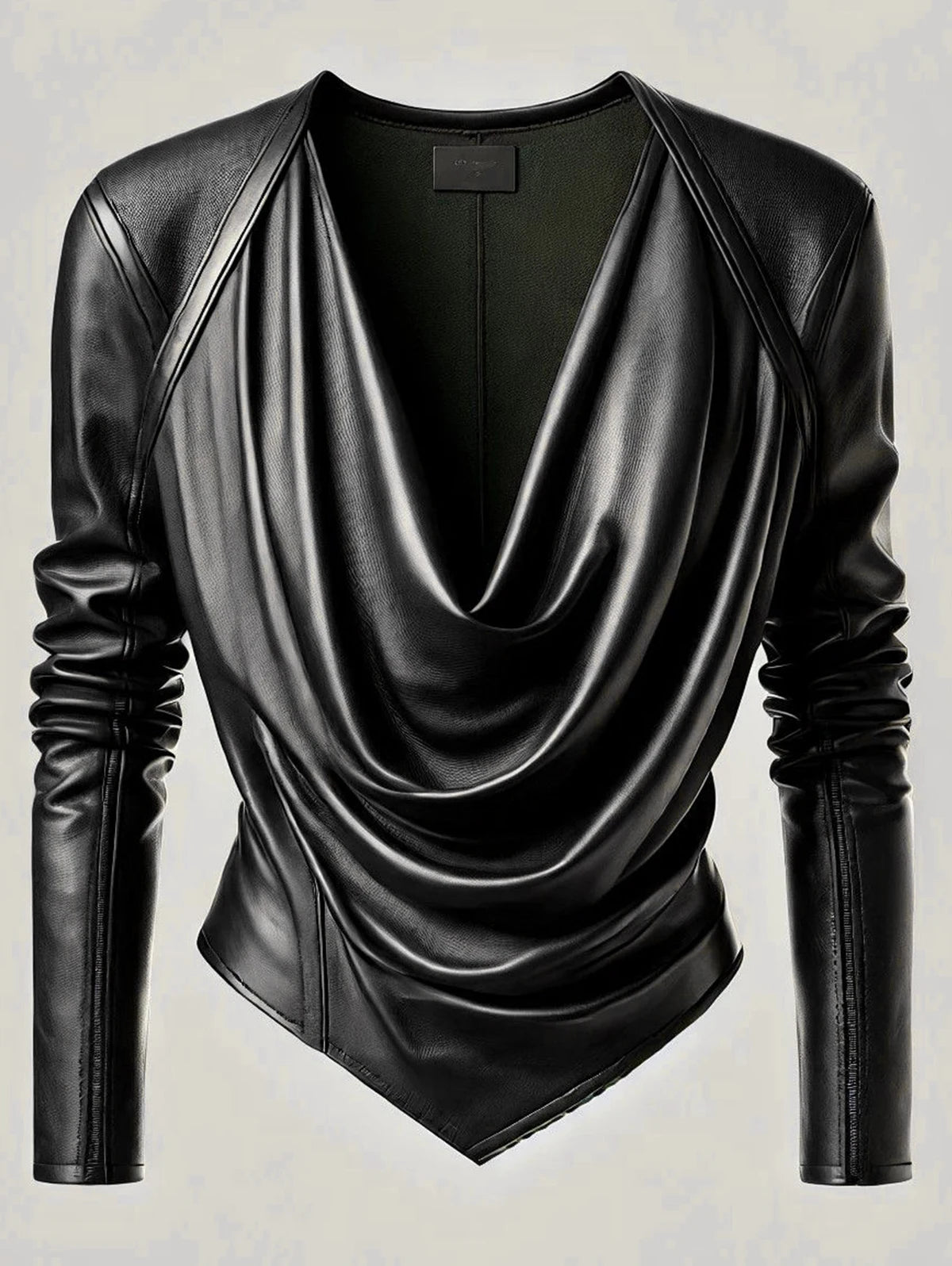 Women Cowl V Neck PU Leather Long Sleeve Blouse