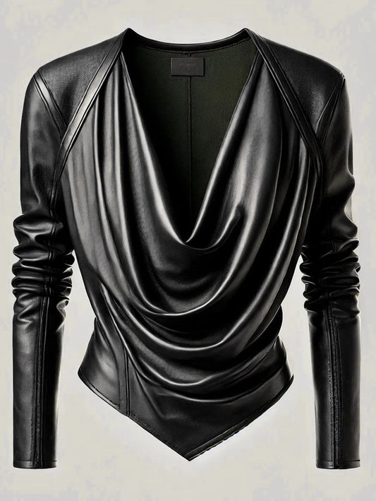 Women Cowl V Neck PU Leather Long Sleeve Blouse