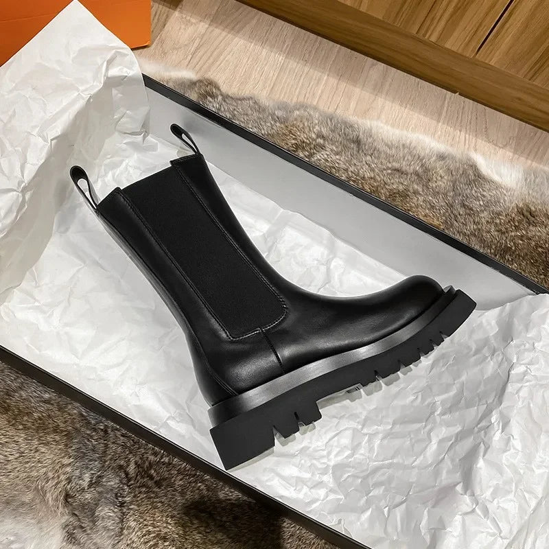 Women's Classics Chelsea Boots Black Ankle Boots Genuine Leather Platform Short Boots Slip on Elastic Band