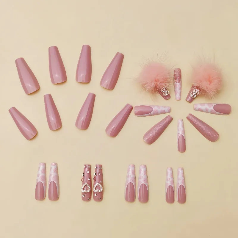 24Pcs Extra Long Square Press on Nails Love Pattern Design French Wearable Full Cover Fake Nail Tips Artifical Coffin False Nail