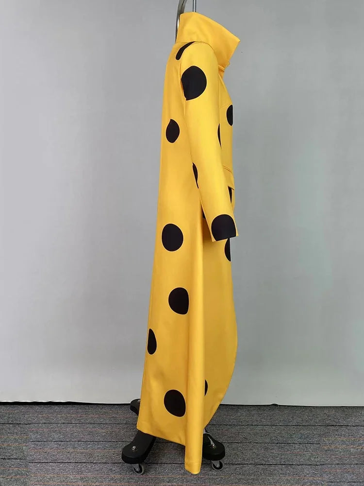 Women's Polka-Dot Woolen Coat Long Jacket Split-Joint Long Sleeves Lapel Elegant Yellow