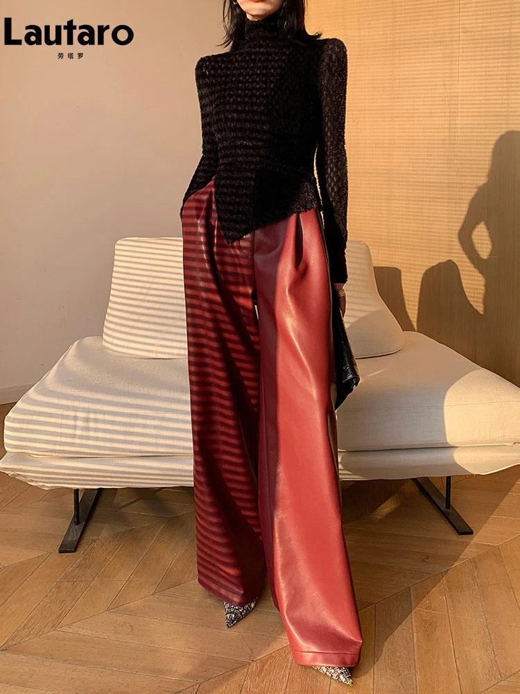 Women's Loose Casual Soft Black Burgundy Pu Leather Wide Leg Pants