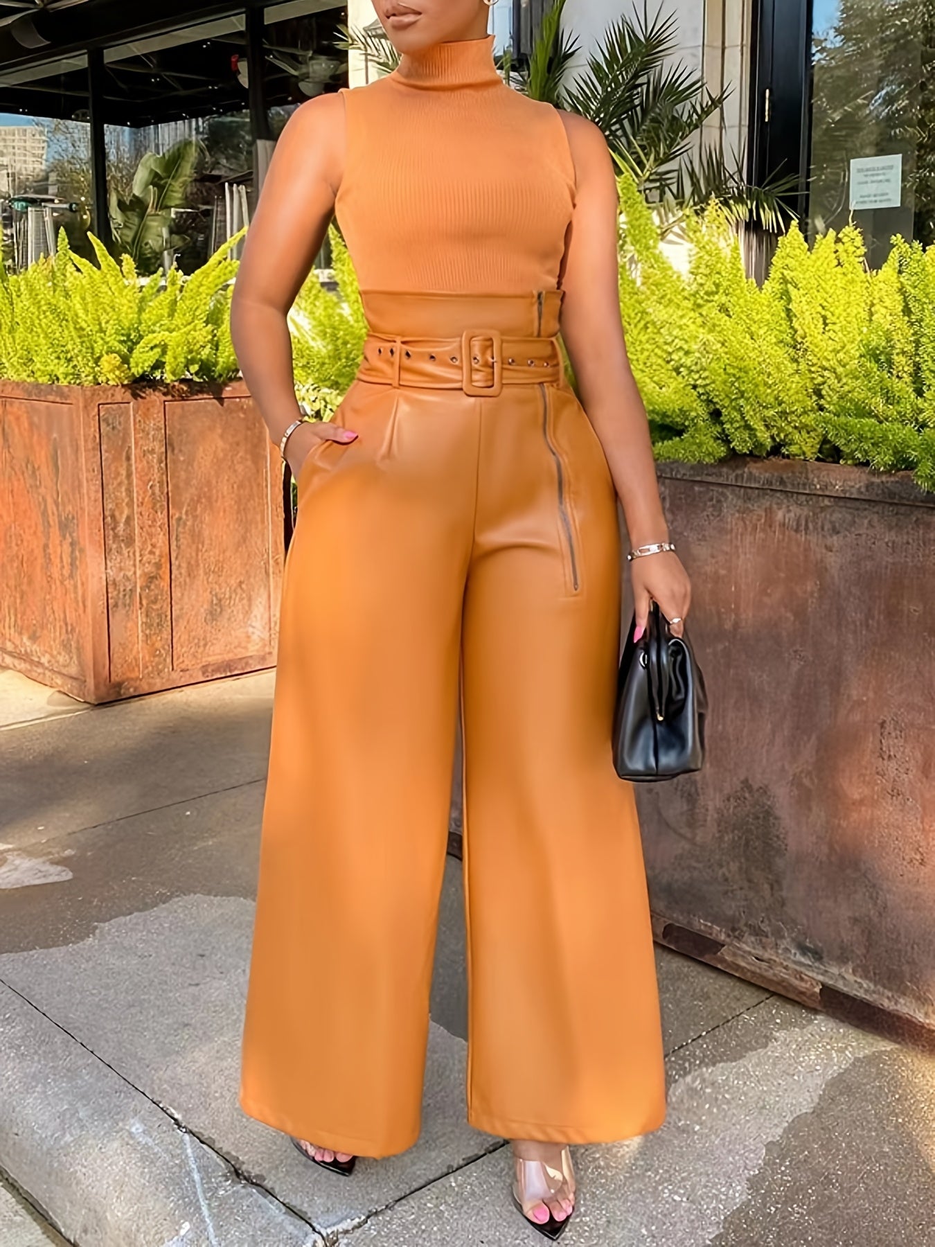 Timeless Elegance, Elegant Wide-Leg PU Leather Pants with Metal Belt - High Waist, Non-Sheer, Stretch Fabric for Women