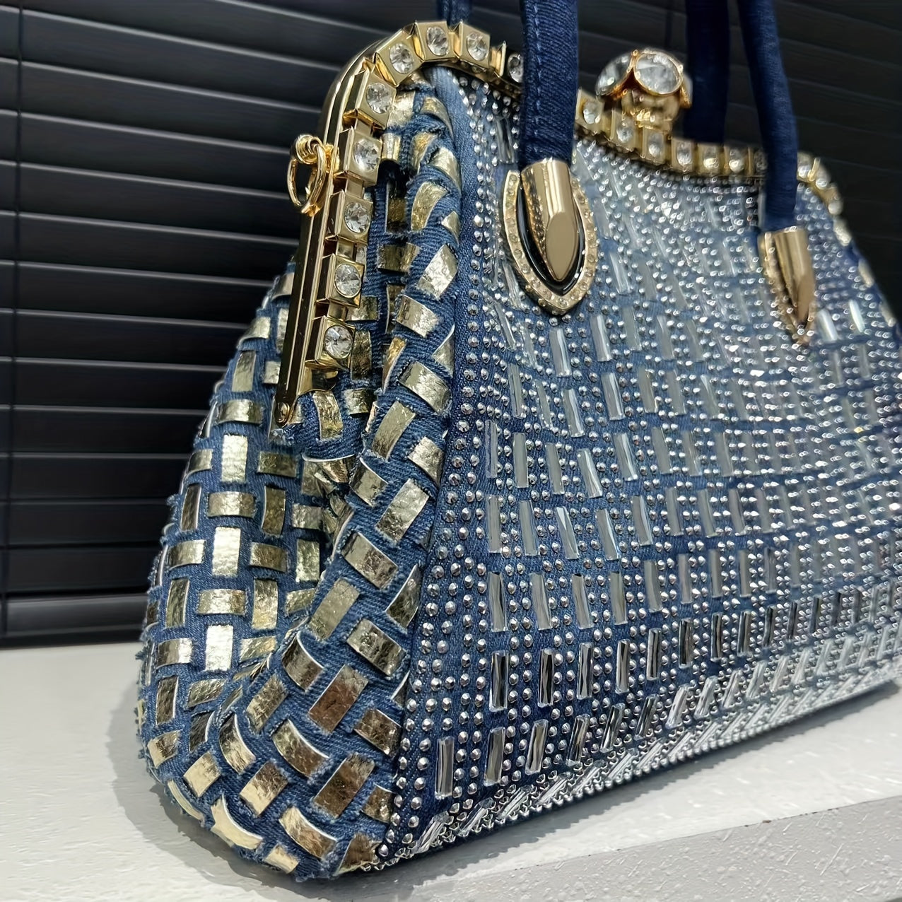 Elegant Denim Tote Bag for Women with Rhinestone Accents, Detachable Strap - Chic Blue Shoulder & Crossbody Handbag, Weaving,