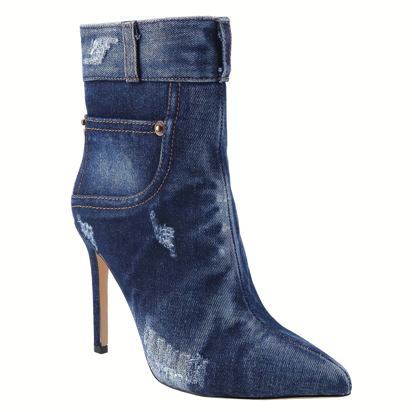 Chic Denim Ankle Booties for Women - Pointed Toe, High Heel with Side Zipper, Fashionable Blue Cowgirl Boots