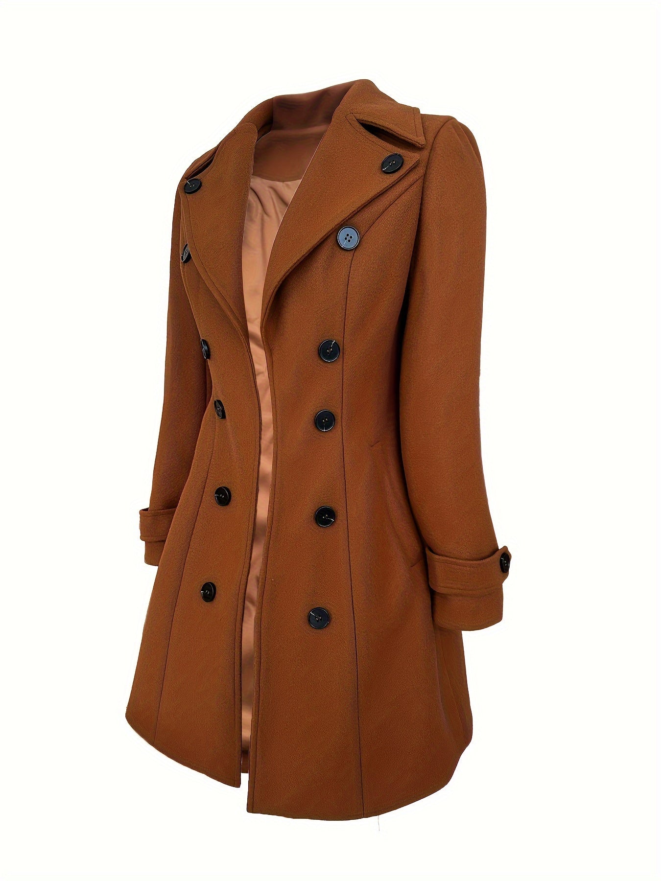 Women's Elegant Solid Color Double-Breasted Overcoat Polyester, Machine Washable, Non-Stretch Fabric - Perfect for Fall/Winter