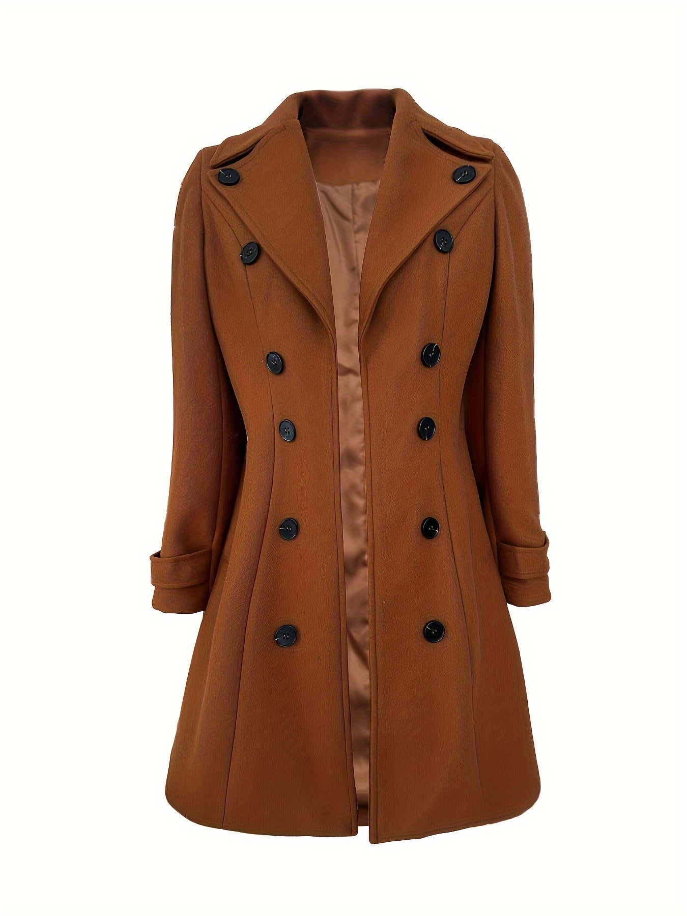 Women's Elegant Solid Color Double-Breasted Overcoat Polyester, Machine Washable, Non-Stretch Fabric - Perfect for Fall/Winter
