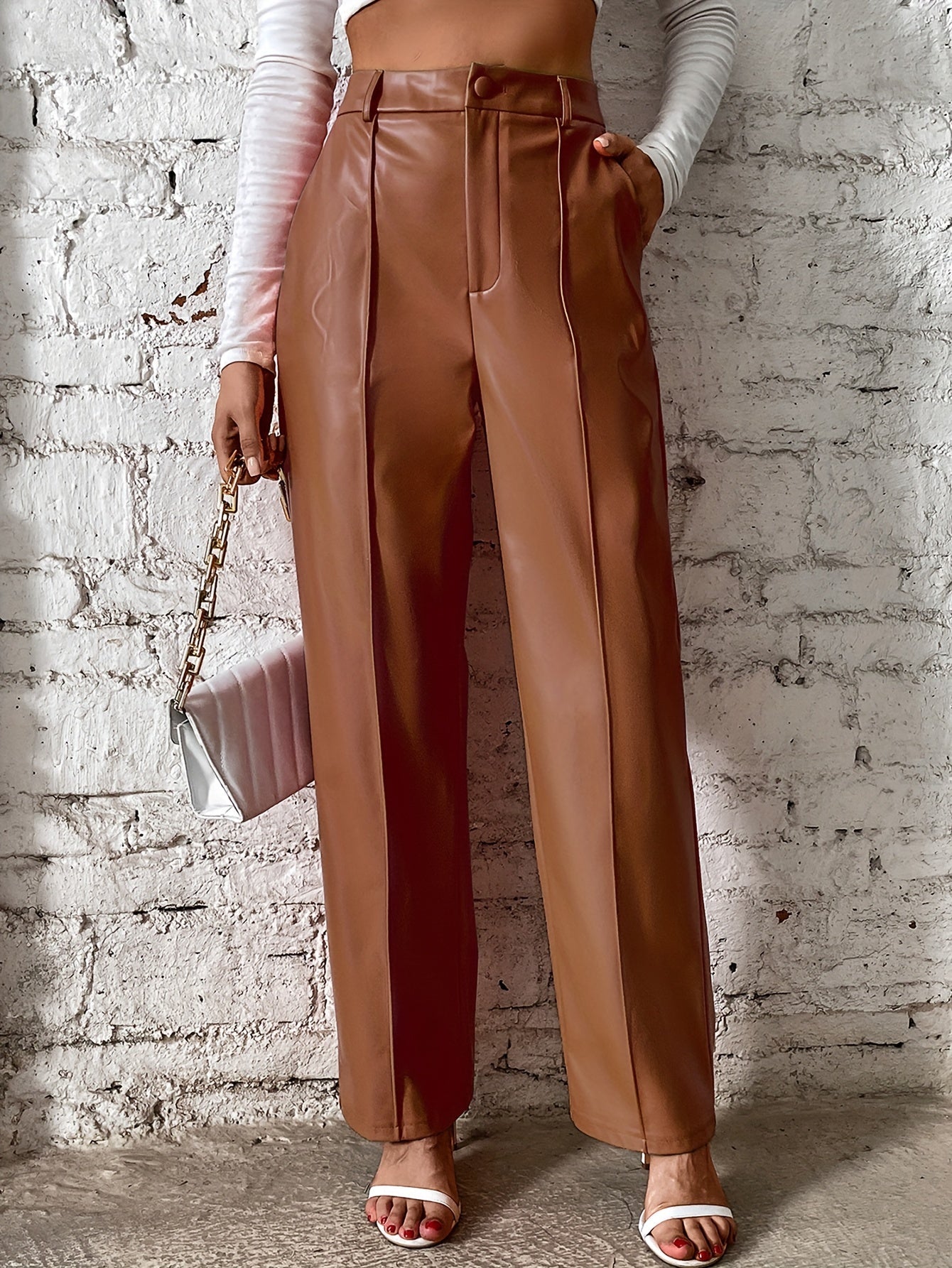 Women's Loose Casual Soft Black Burgundy Pu Leather Wide Leg Pants