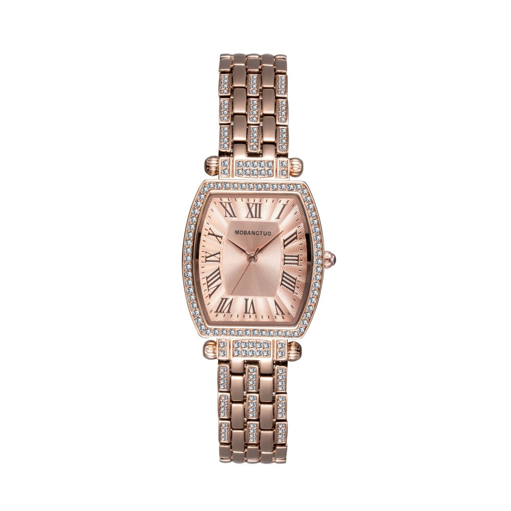 Stylish Women's Timepiece with Steel Band And Roman Numerals, Unique Tonneau-Shaped Case, Quartz Movement