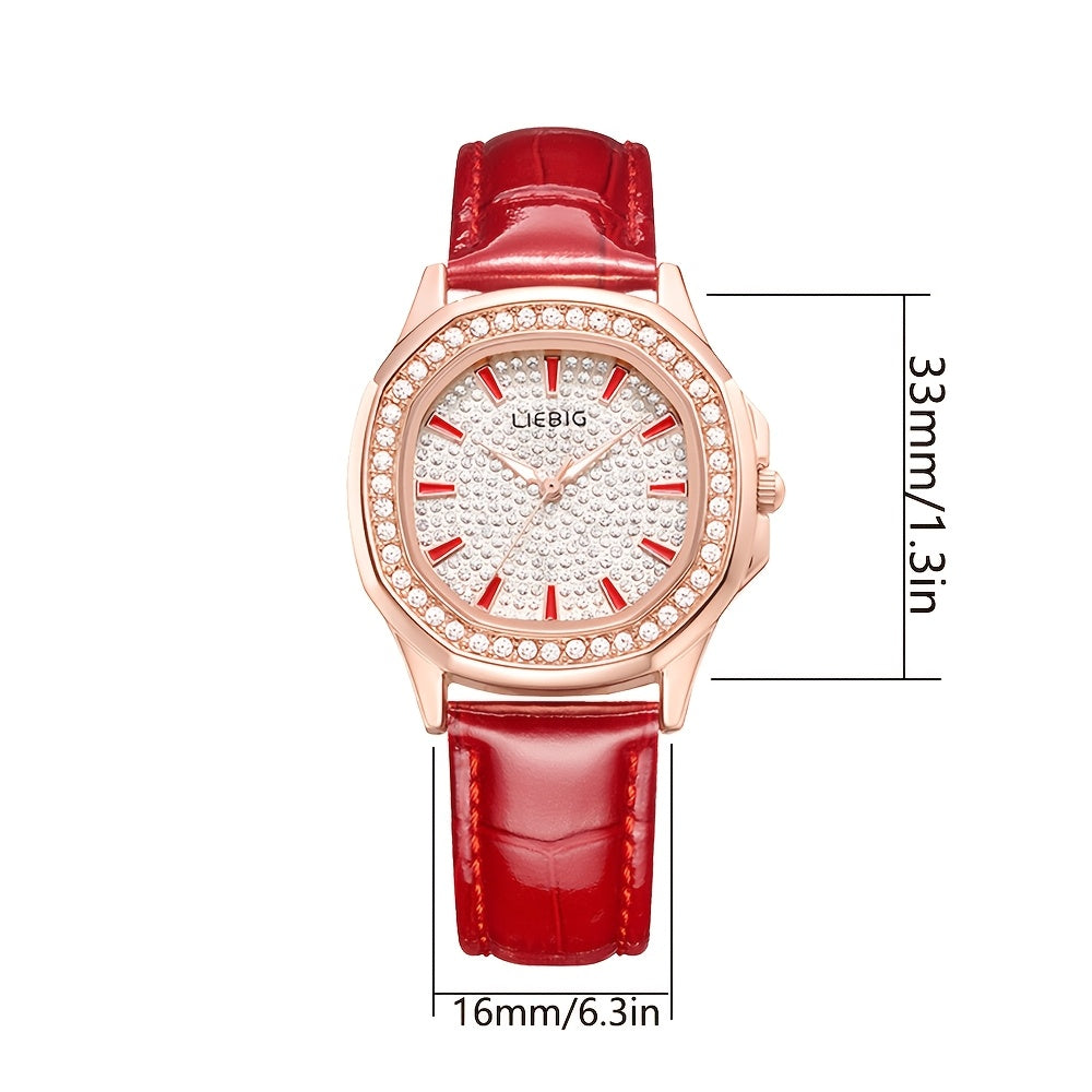 Women's Elegant Rhinestone-Adorned Wristwatch with Luminous Hands, Red Balloon Analog Watch, PU Strap & Quartz Movement
