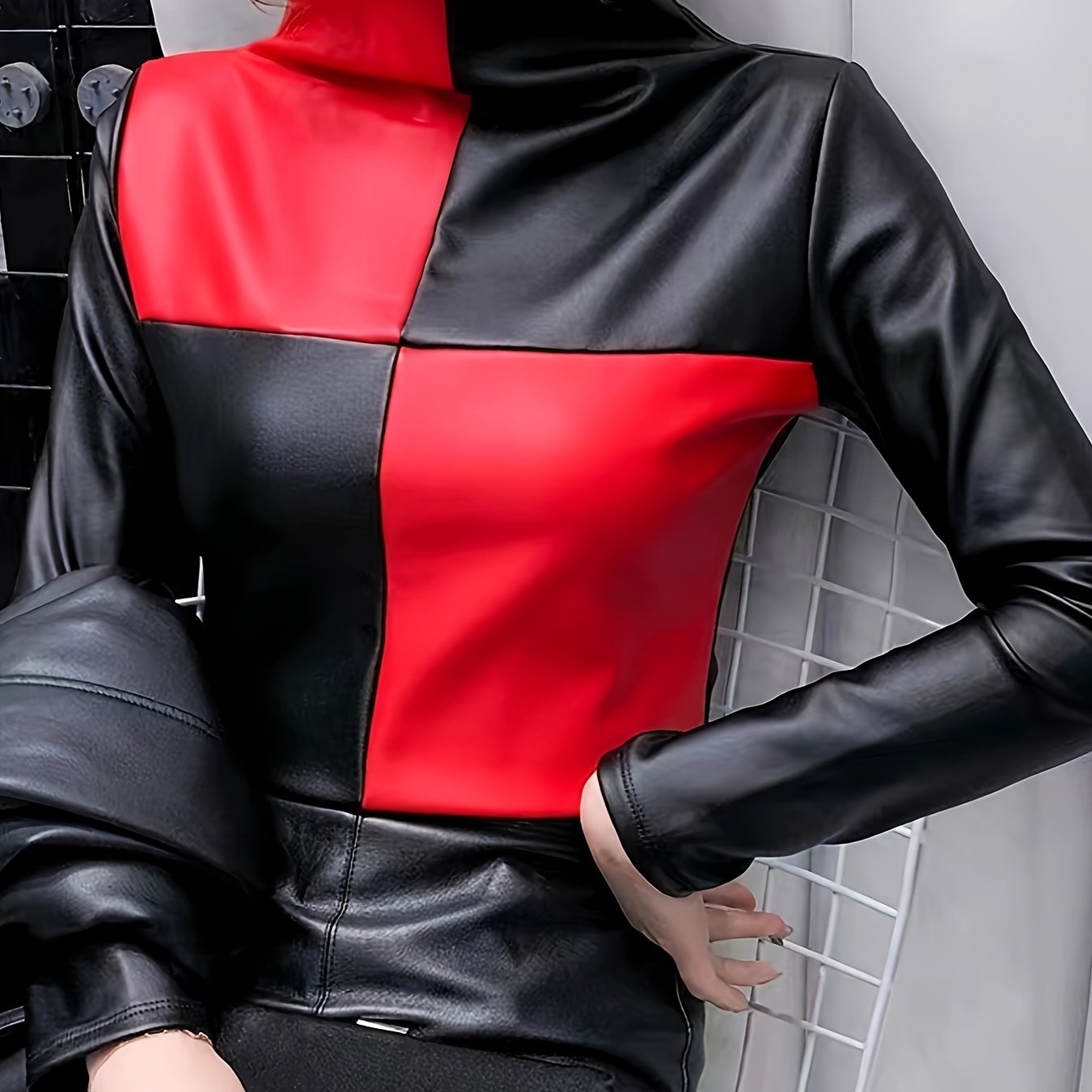 Elegant High Neck Color Block Faux Leather Blouse Polyester 100%, Stretch Fit, Solid Color Block Design