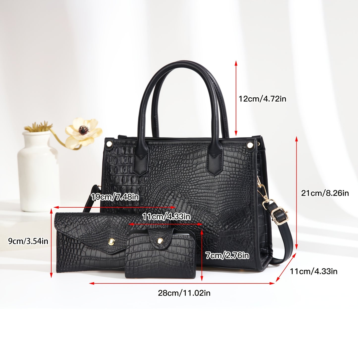 Elegant Large Capacity Crossbody Tote Bag, Faux Leather Handbag with Embroidered Design, Zip Closure, Fixed Strap - Black, Crossbody Purse,
