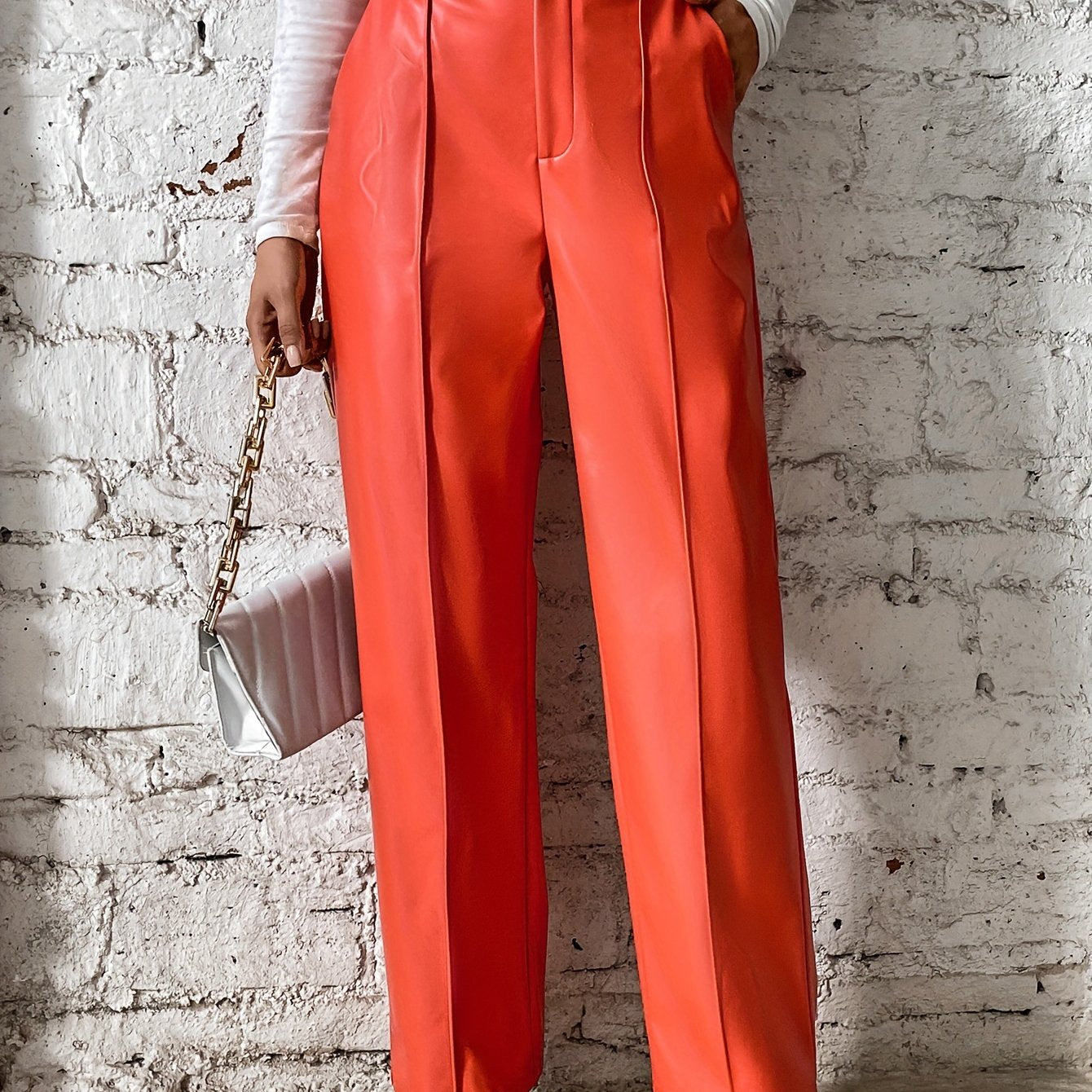 Women's Loose Casual Soft Black Burgundy Pu Leather Wide Leg Pants