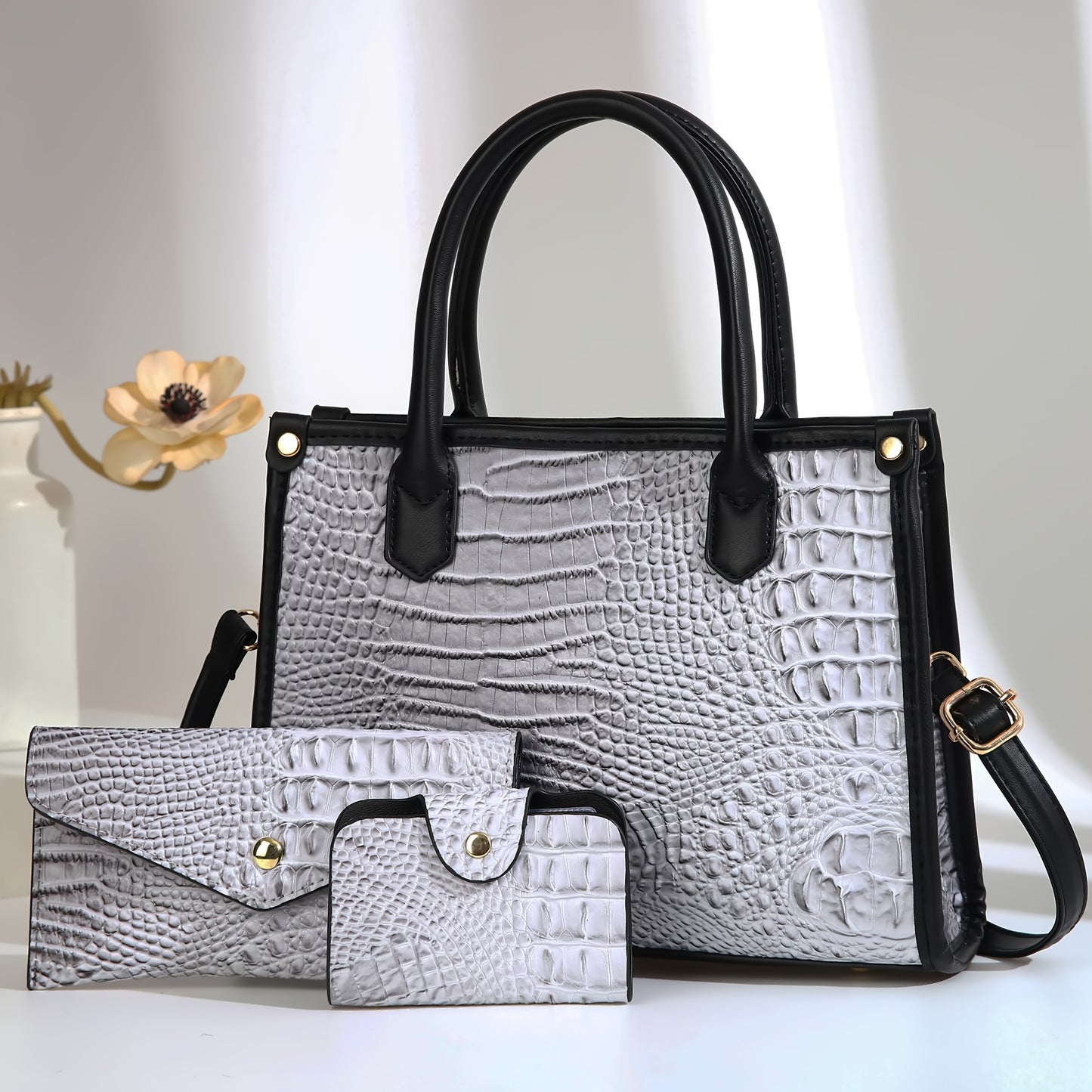Elegant Large Capacity Crossbody Tote Bag, Faux Leather Handbag with Embroidered Design, Zip Closure, Fixed Strap - Black, Crossbody Purse,