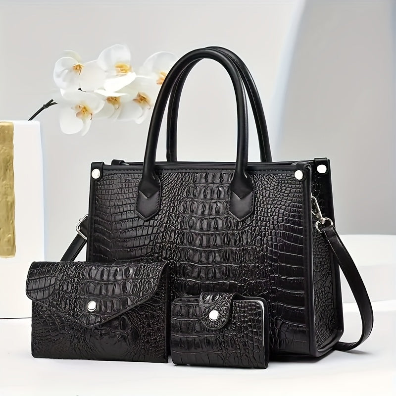 Elegant Large Capacity Crossbody Tote Bag, Faux Leather Handbag with Embroidered Design, Zip Closure, Fixed Strap - Black, Crossbody Purse,