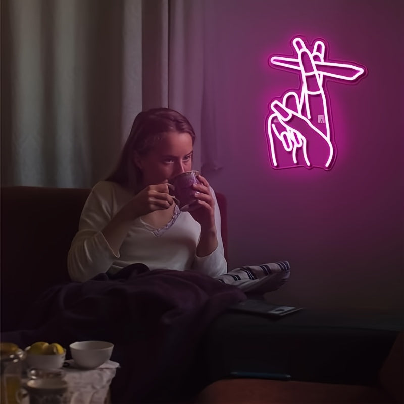 USB-Powered Pink LED Neon Gesture Sign - Stylish Hand Design for Wall Decor, Perfect for Bedroom, Living Room, Office, Bar, and Game Room, Cute Room Decor