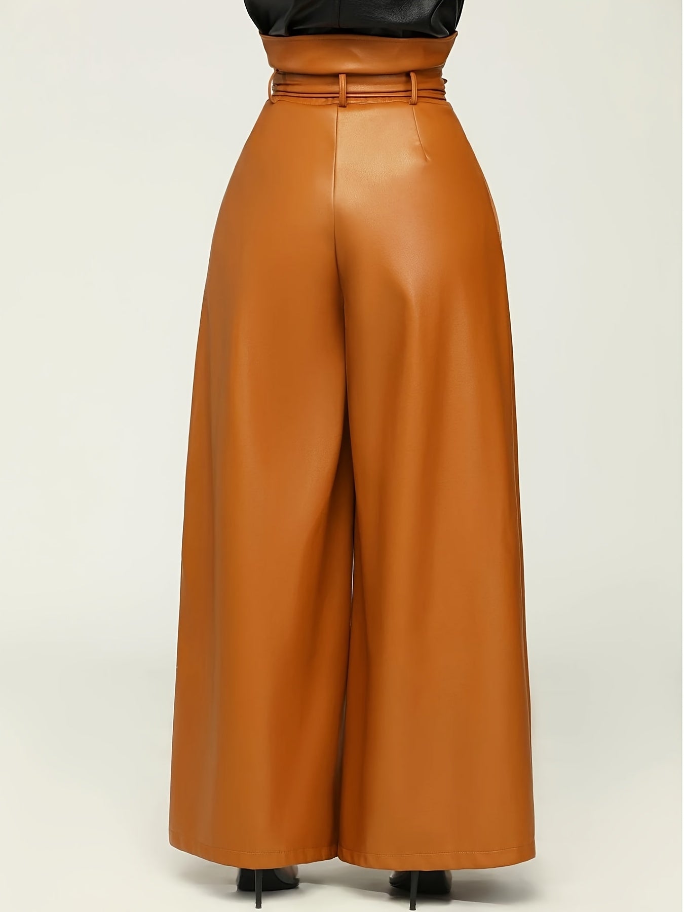 Timeless Elegance, Elegant Wide-Leg PU Leather Pants with Metal Belt - High Waist, Non-Sheer, Stretch Fabric for Women