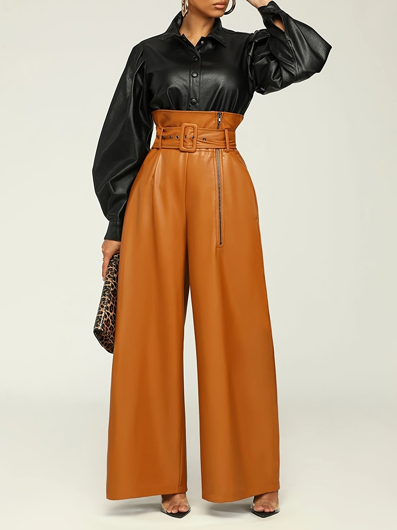 Timeless Elegance, Elegant Wide-Leg PU Leather Pants with Metal Belt - High Waist, Non-Sheer, Stretch Fabric for Women