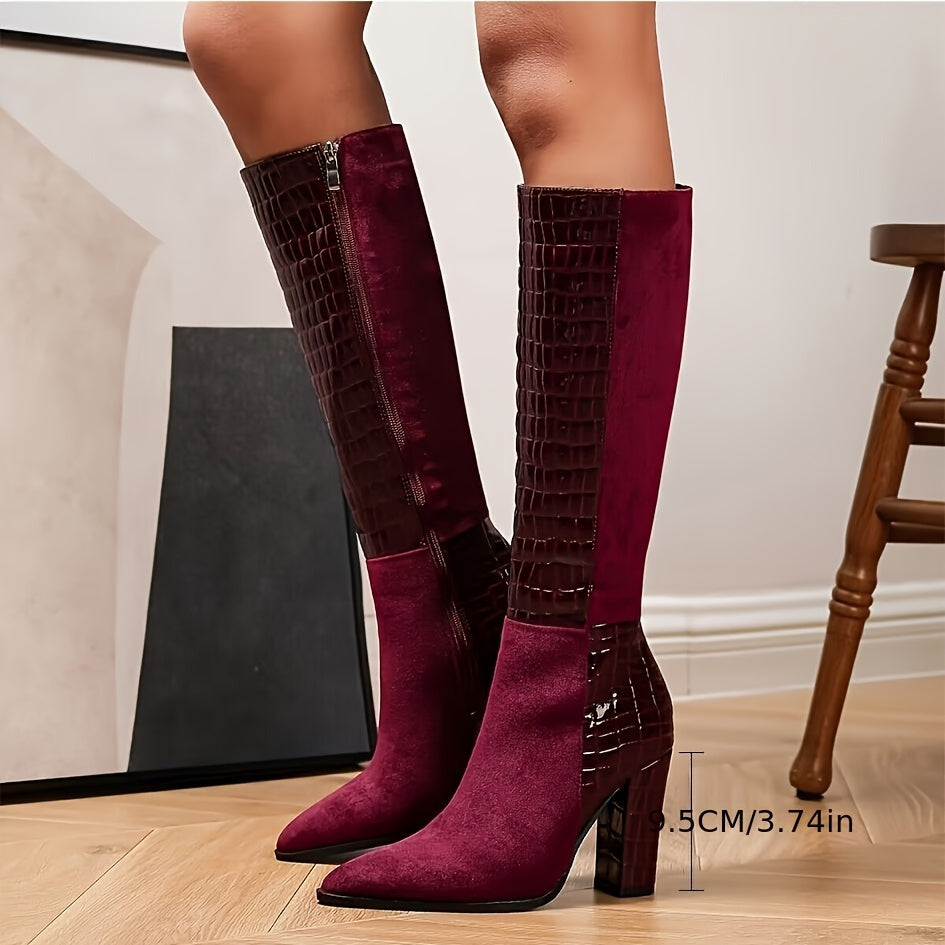 Women's Chic Burgundy Velvet Knee-High Boots Sexy Pointed Toe, Chunky Heel with Side Zipper, Faux Cover & Rubber Sole, High Heel Boots