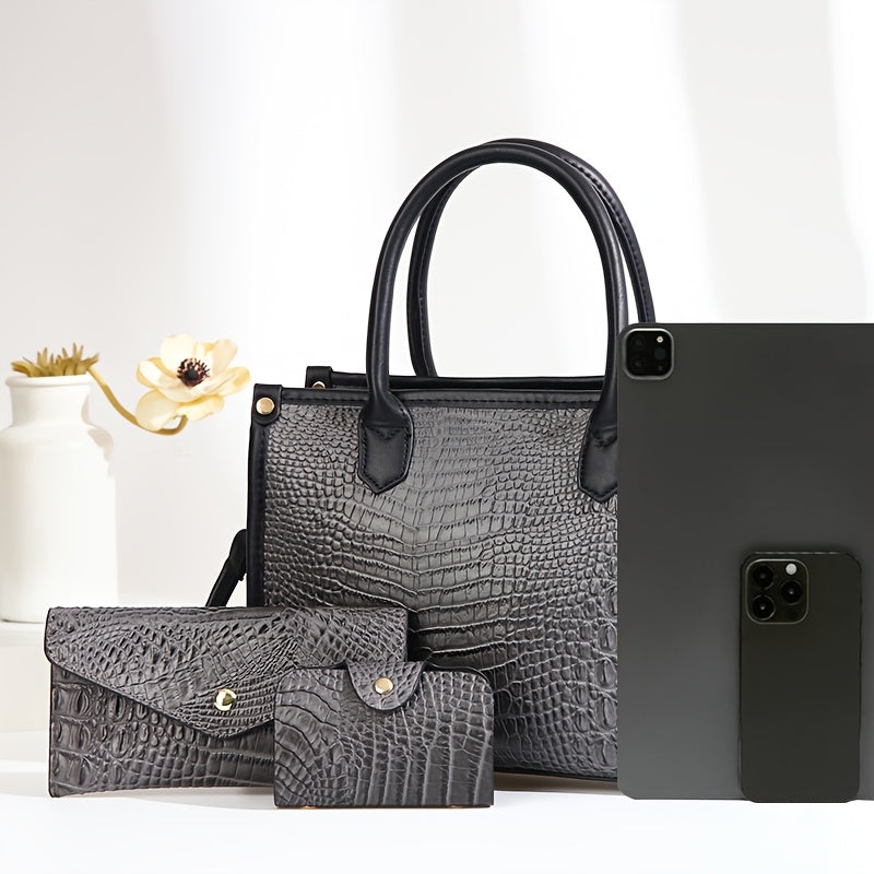 Elegant Large Capacity Crossbody Tote Bag, Faux Leather Handbag with Embroidered Design, Zip Closure, Fixed Strap - Black, Crossbody Purse,