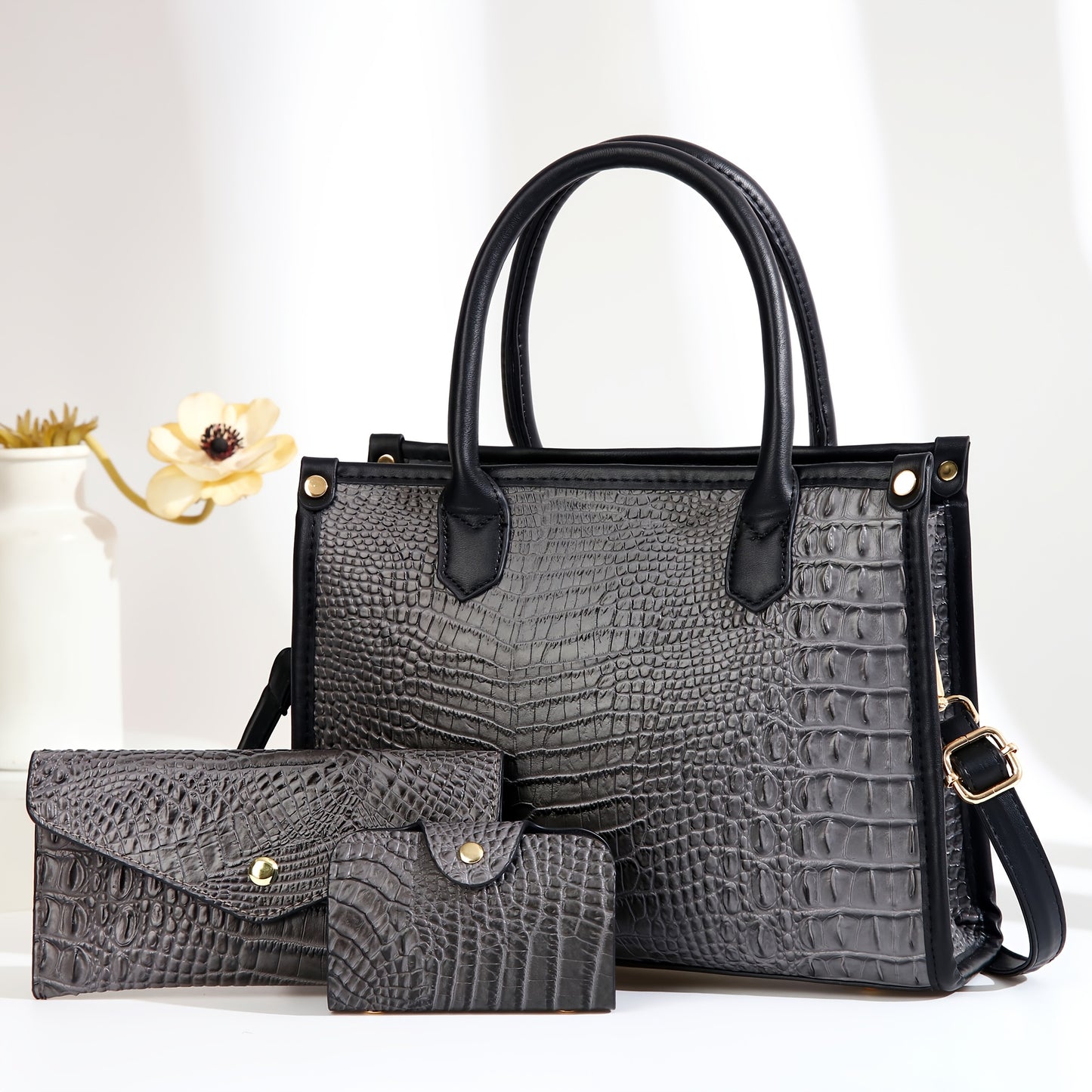 Elegant Large Capacity Crossbody Tote Bag, Faux Leather Handbag with Embroidered Design, Zip Closure, Fixed Strap - Black, Crossbody Purse,