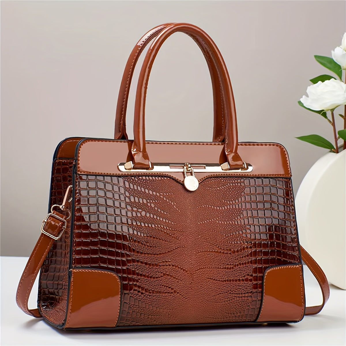 Elegant Crocodile Pattern Women's Tote Bag, Crossbody Bag Large Capacity, Versatile With PU Leather
