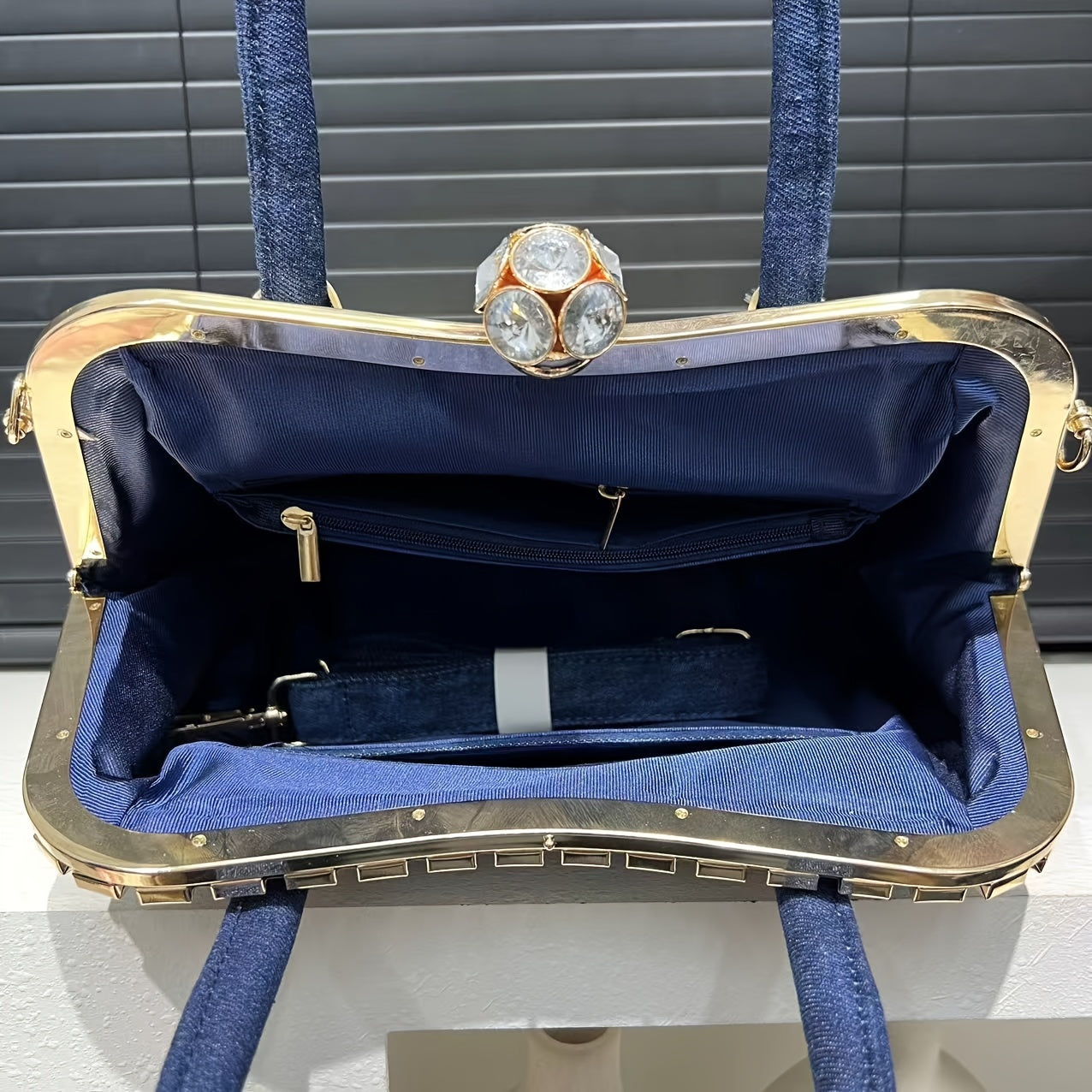 Elegant Denim Tote Bag for Women with Rhinestone Accents, Detachable Strap - Chic Blue Shoulder & Crossbody Handbag, Weaving,