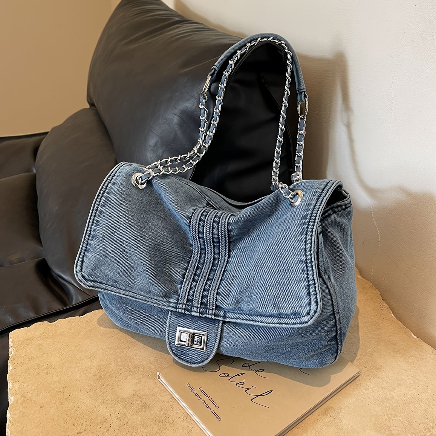 Chic Denim Crossbody Bag for Women - Casual Large Capacity Tote with Adjustable Strap, Twist Lock Closure, Blue