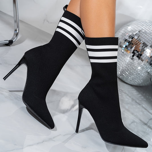 Women's Elegant Temperament Black Stiletto Heeled Boots Sock Boots Pointed Toe Stiletto Heeled Boots