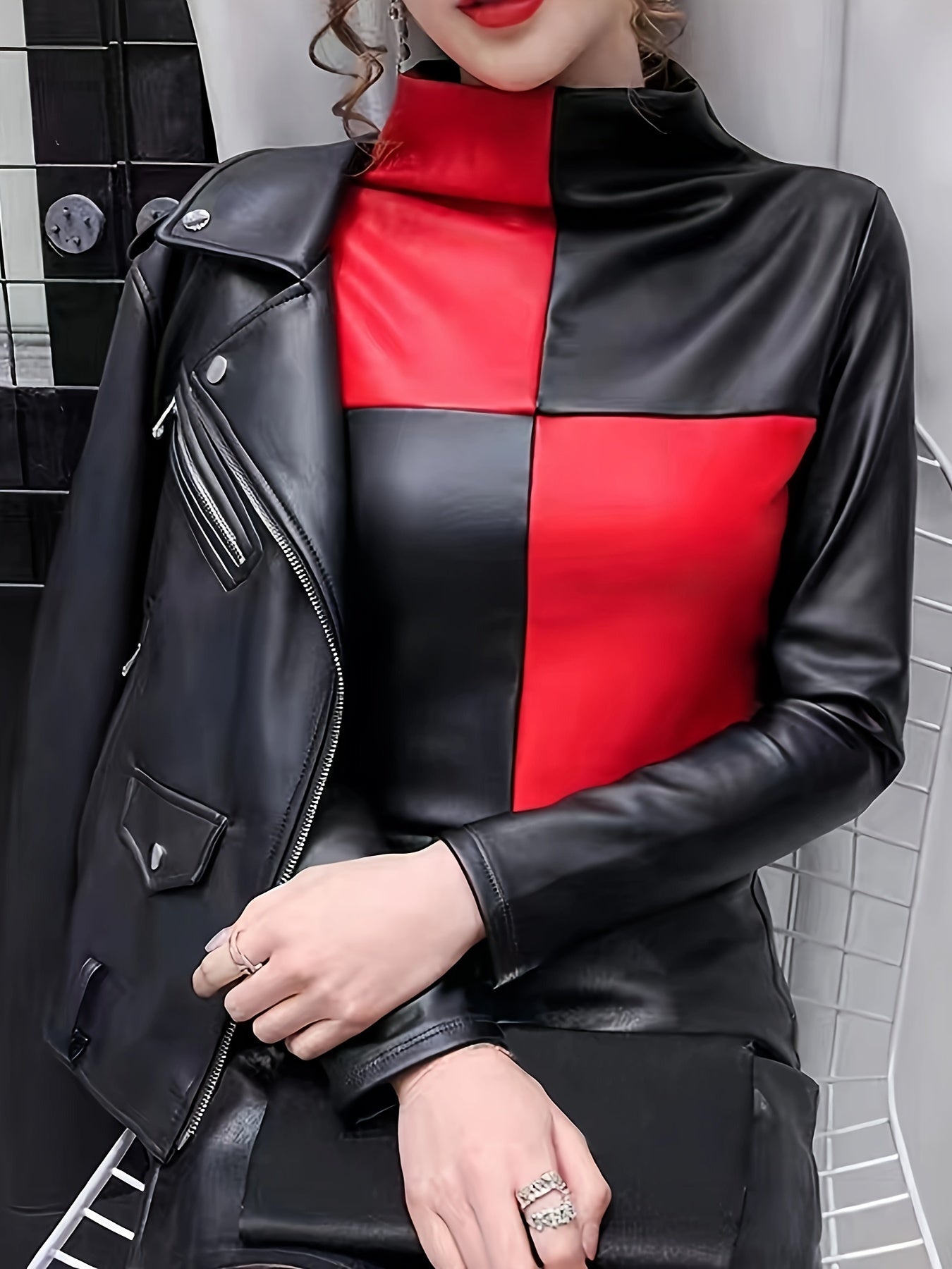 Elegant High Neck Color Block Faux Leather Blouse Polyester 100%, Stretch Fit, Solid Color Block Design