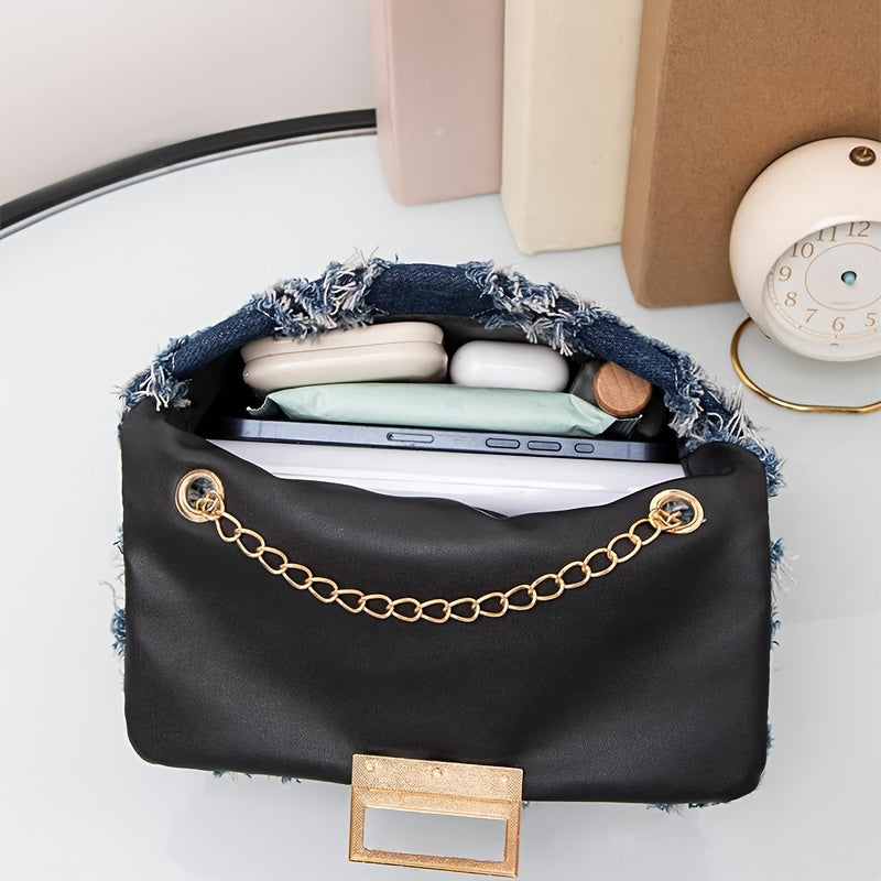 Elegant Blue Diamond Quilted Crossbody Bag with Detachable Chain Strap - Vintage Washed Denim Look, Lightweight & Stylish
