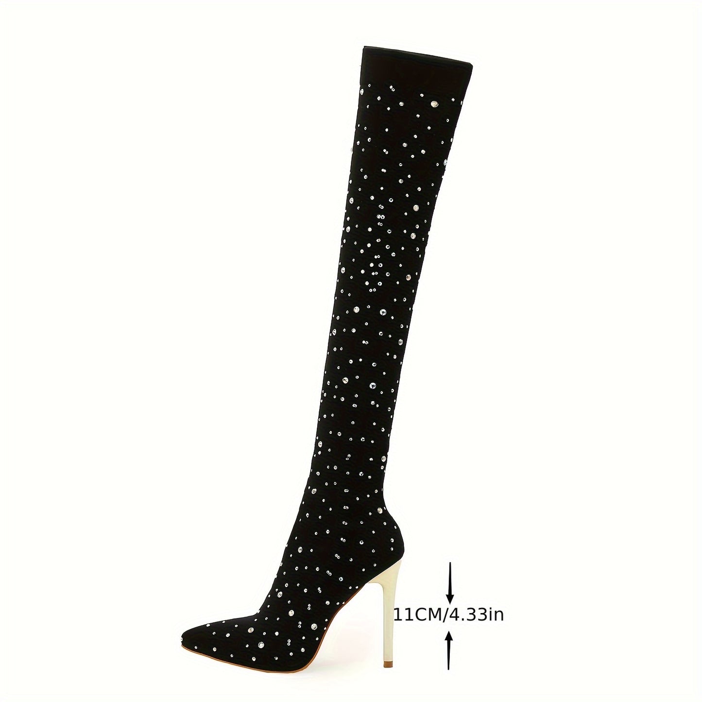 Women's Over-the-Knee Boots with Rhinestone Accents, Pointed Toe & Stiletto Heel - Fashionable Party Pantyhose Style