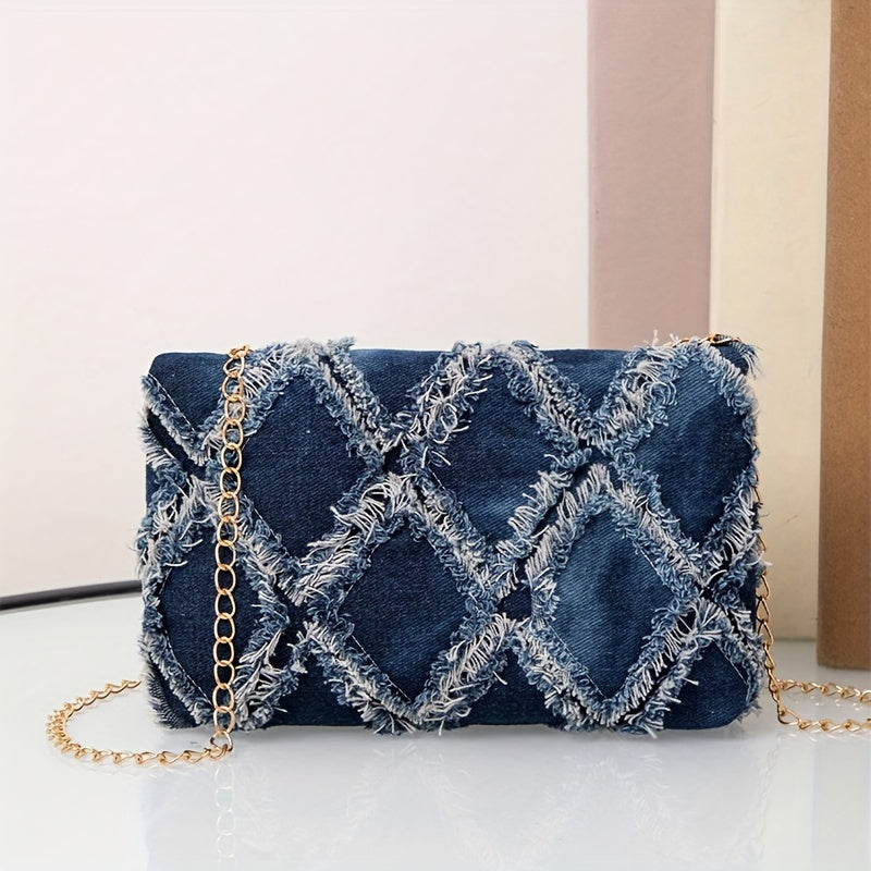 Elegant Blue Diamond Quilted Crossbody Bag with Detachable Chain Strap - Vintage Washed Denim Look, Lightweight & Stylish