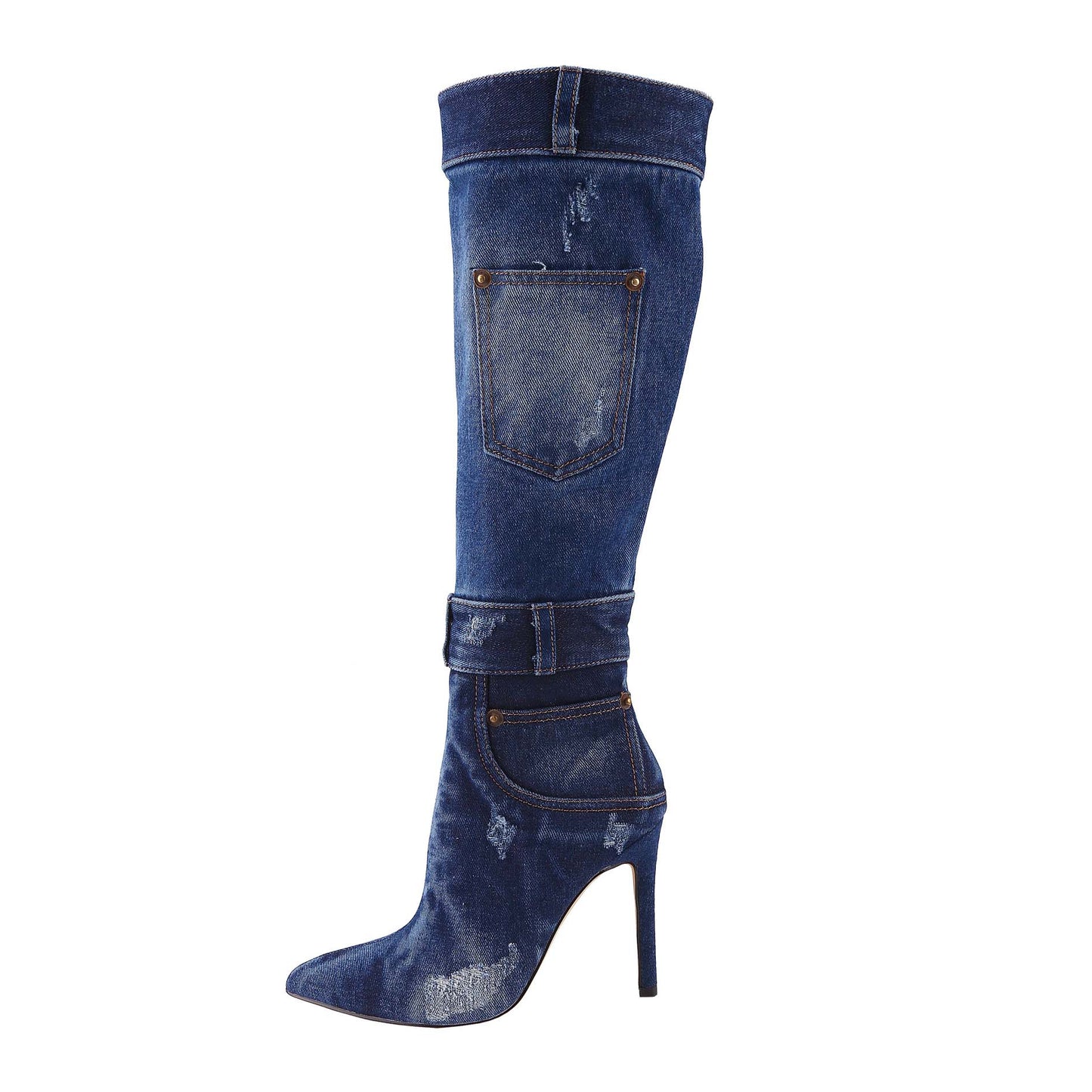 Women's high-heeled boots, pointed denim tie-dye design stiletto knee-high boots, fashionable personality trendy long boots