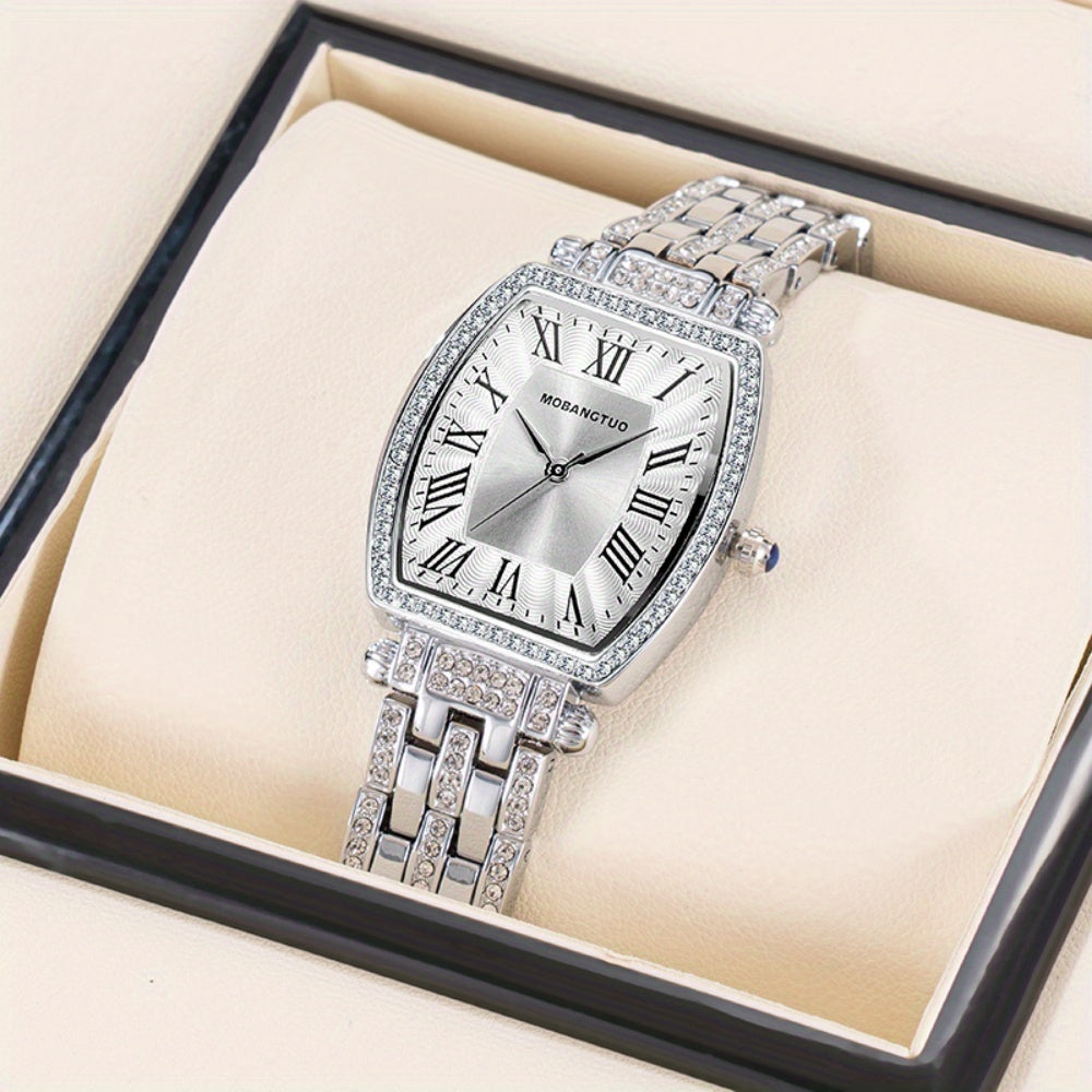 Stylish Women's Timepiece with Steel Band And Roman Numerals, Unique Tonneau-Shaped Case, Quartz Movement