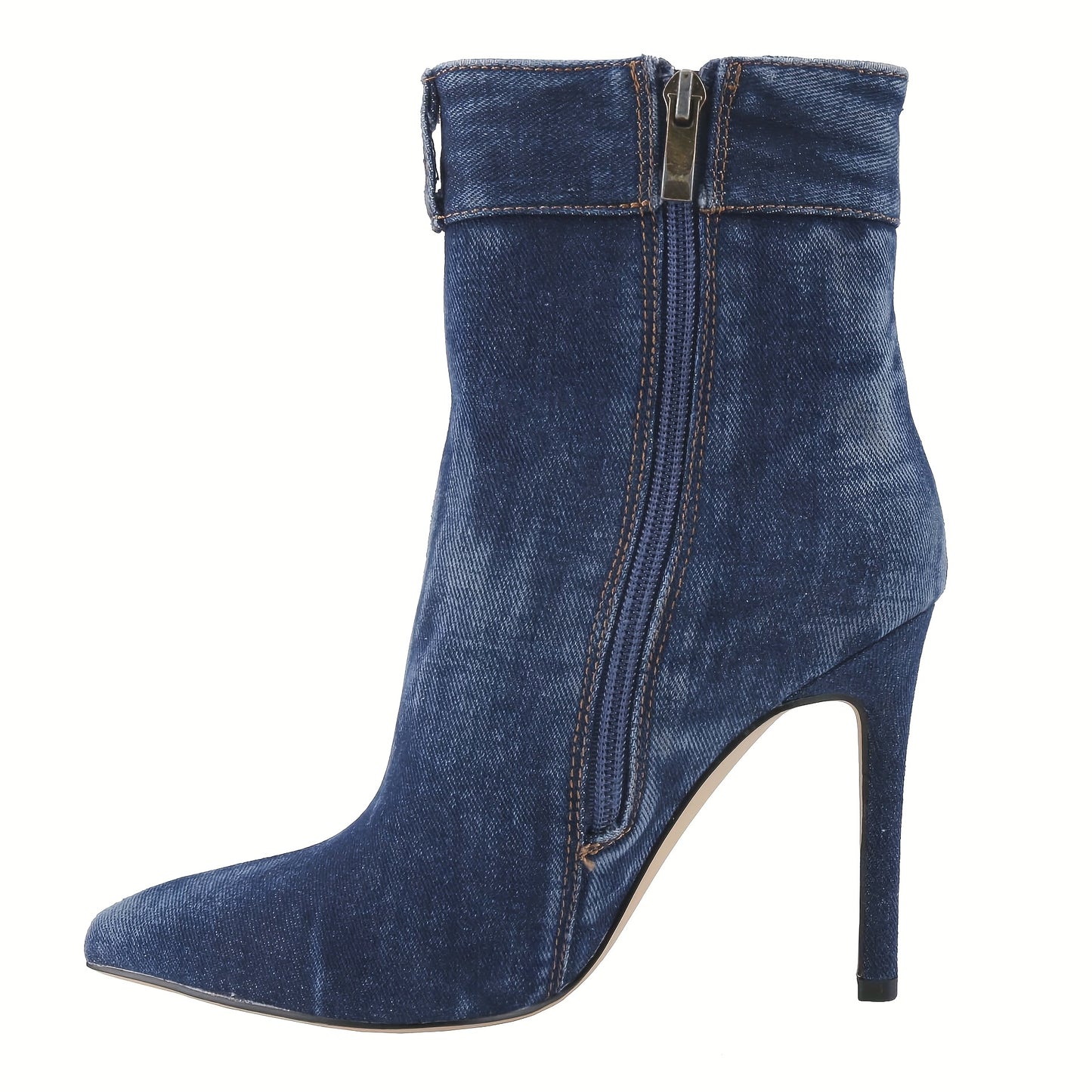 Chic Denim Ankle Booties for Women - Pointed Toe, High Heel with Side Zipper, Fashionable Blue Cowgirl Boots
