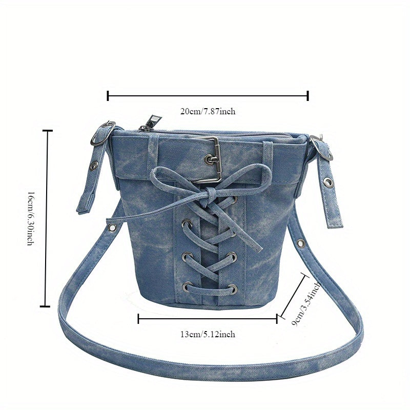 Women's Fashion Crossbody Bag, Vintage Simple Style, Bowknot Design, Denim Bucket Bag, Durable Travel Shoulder Bag Washable or Dry Clean, Oil-Edged, Polyester Lining, Zip Closure
