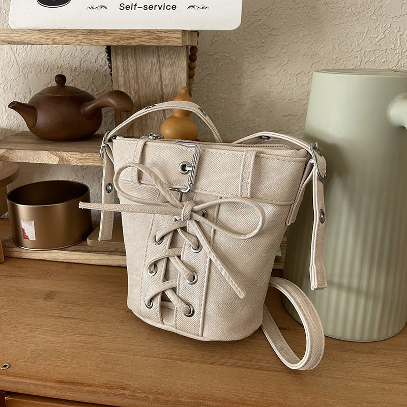 Women's Fashion Crossbody Bag, Vintage Simple Style, Bowknot Design, Denim Bucket Bag, Durable Travel Shoulder Bag Washable or Dry Clean, Oil-Edged, Polyester Lining, Zip Closure