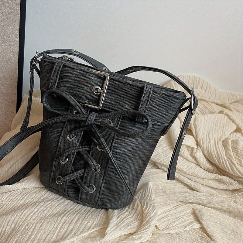 Women's Fashion Crossbody Bag, Vintage Simple Style, Bowknot Design, Denim Bucket Bag, Durable Travel Shoulder Bag Washable or Dry Clean, Oil-Edged, Polyester Lining, Zip Closure