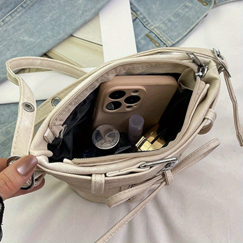 Women's Fashion Crossbody Bag, Vintage Simple Style, Bowknot Design, Denim Bucket Bag, Durable Travel Shoulder Bag Washable or Dry Clean, Oil-Edged, Polyester Lining, Zip Closure