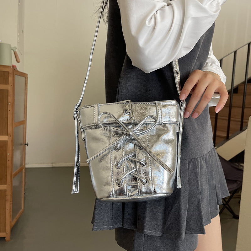 Women's Fashion Crossbody Bag, Vintage Simple Style, Bowknot Design, Denim Bucket Bag, Durable Travel Shoulder Bag Washable or Dry Clean, Oil-Edged, Polyester Lining, Zip Closure
