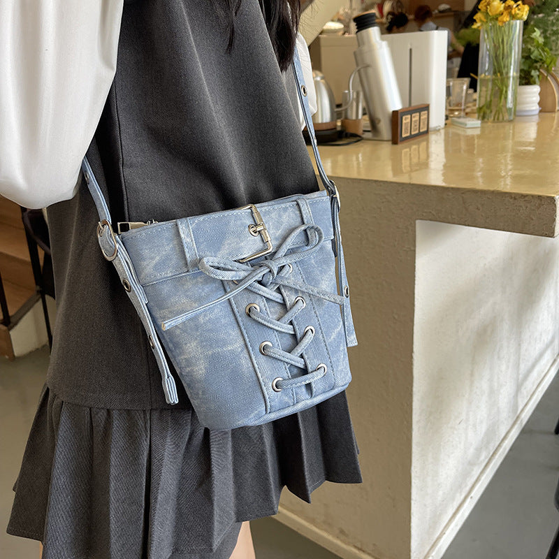 Women's Fashion Crossbody Bag, Vintage Simple Style, Bowknot Design, Denim Bucket Bag, Durable Travel Shoulder Bag Washable or Dry Clean, Oil-Edged, Polyester Lining, Zip Closure