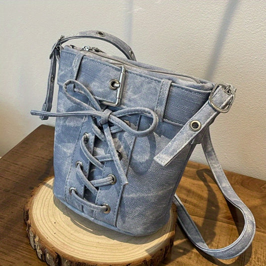 Women's Fashion Crossbody Bag, Vintage Simple Style, Bowknot Design, Denim Bucket Bag, Durable Travel Shoulder Bag Washable or Dry Clean, Oil-Edged, Polyester Lining, Zip Closure