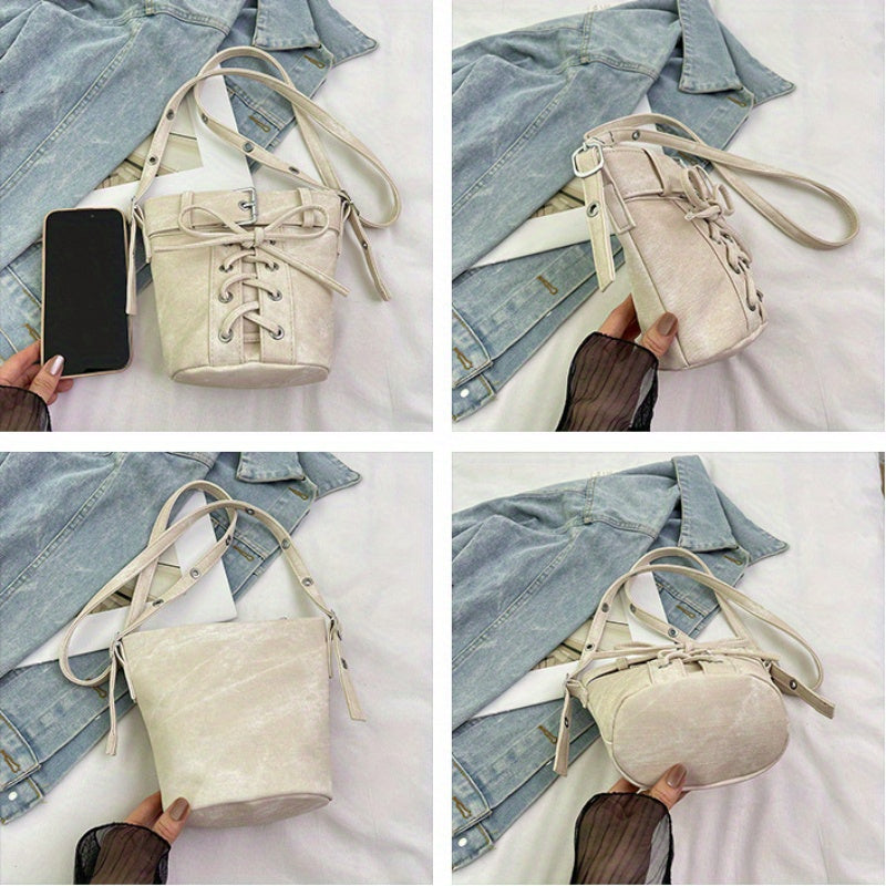Women's Fashion Crossbody Bag, Vintage Simple Style, Bowknot Design, Denim Bucket Bag, Durable Travel Shoulder Bag Washable or Dry Clean, Oil-Edged, Polyester Lining, Zip Closure