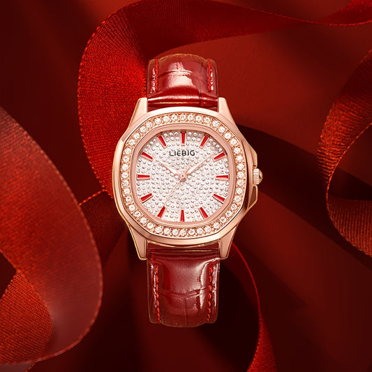 Women's Elegant Rhinestone-Adorned Wristwatch with Luminous Hands, Red Balloon Analog Watch, PU Strap & Quartz Movement